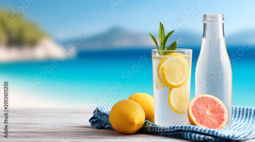 Refreshing glass of lemon water with mint next to a bottle and citrus fruits on a wooden table with a beautiful tropical beach background.