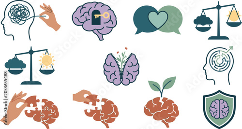 Obraz na plátne Mental Health and Emotional Wellness Vector Icon Set Featuring Cognitive Balance