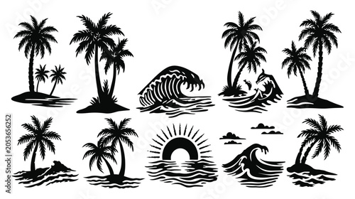 Palm tree silhouettes with ocean waves and sunset illustrations on white background