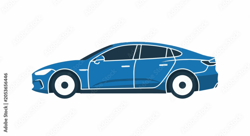 Fototapeta premium A sleek, blue sedan with white outlines and tinted windows sits against a white background
