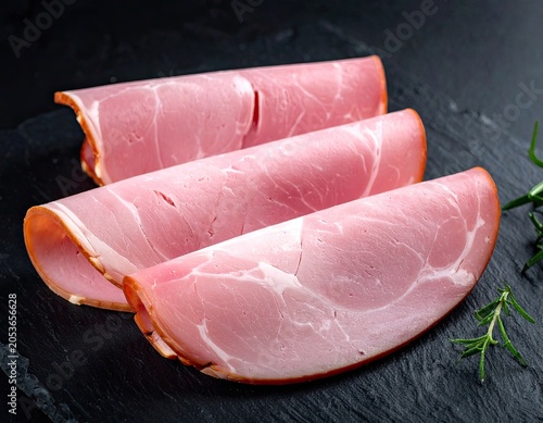Thinly sliced cured pork, a smoky pink meat with marbled fat, artfully arranged