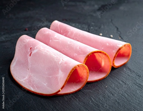 Three rolled, pink, cured meat slices with browned edges on dark slate