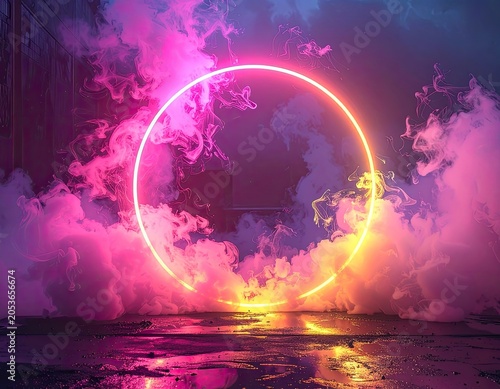 A neon ring glows within swirling clouds of pink and purple smoke