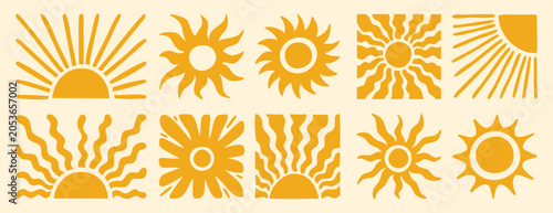 Boho suns set with desert aesthetic and mystical art vibe. Hand drawn.