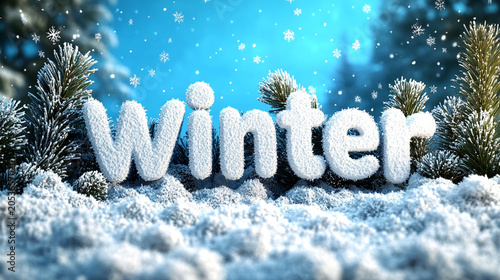 Winter typography text background with frozen ice crystals and creative glowing blue design