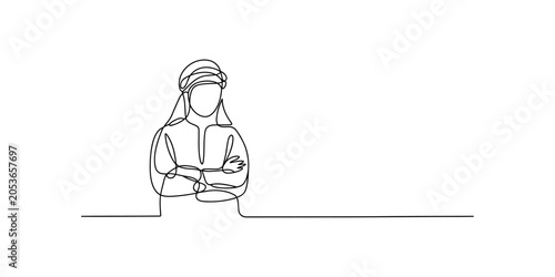 Photos Continuous line drawing of a woman with her arms crossed wearing a headscarf