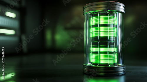 Glowing green sci-fi energy capsule container in a futuristic laboratory