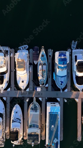 Luxury Yachts and Sailboats Docked in Marina From Above Vertical Drone View, March 10, 2026