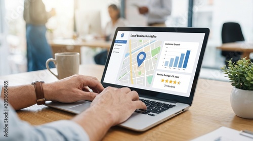фотографія Open laptop displaying a map based local business insights dashboard with custom