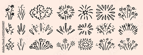 Festive firework explosion set isolated on white background. Vector illustration of hand drawn confetti burst effect, party firecracker sparks, abstract spiral doodles, lines with.