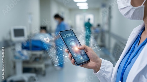 Bild auf Leinwand Healthcare utilizing a smartphone displaying ai powered medical analytics in a h