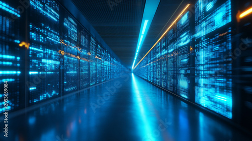 Modern server room in database center with glowing blue lights, concept of cloud computing, big data, cyber security and futuristic digital technology