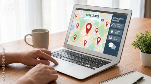 Photos Laptop displaying store locator map with location pins and customer service dash
