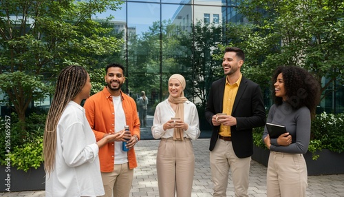 Diverse group of colleagues in business attire discussing ideas outdoors near a modern office building.
