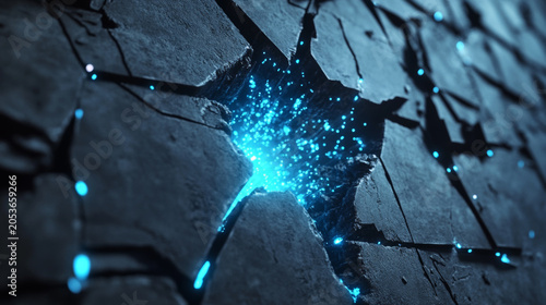 Abstract background of glowing blue energy particles bursting from a cracked dark stone surface, sci-fi technology concept