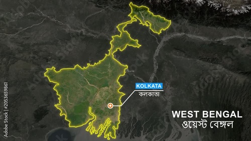 West Bengal state map highlight animation, Pointing the capital Kolkata in a star marker and label text, Location pointer, outline glowing, geographic and political map