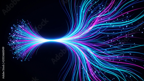 Bild auf Leinwand Abstract background of glowing neon light fibers spreading out from a central point representing high speed fiber optic communication and modern digital network connectivity