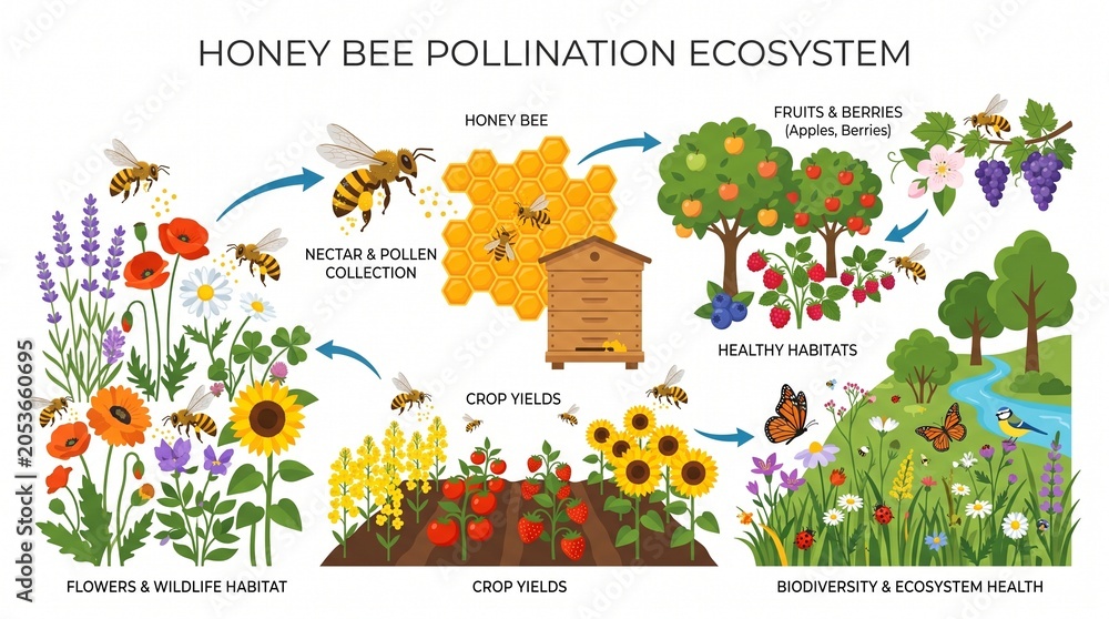 Fototapeta premium Bee Pollination Ecosystem Educational Illustration