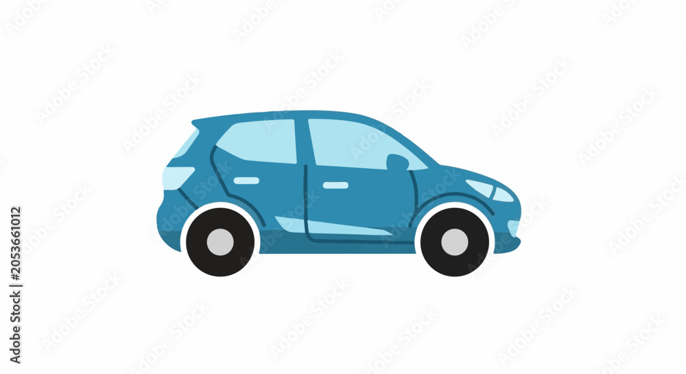 Fototapeta premium A stylized, blue, four-door hatchback car rendered in a simple, flat design