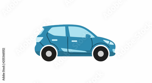 A stylized, blue, four-door hatchback car rendered in a simple, flat design