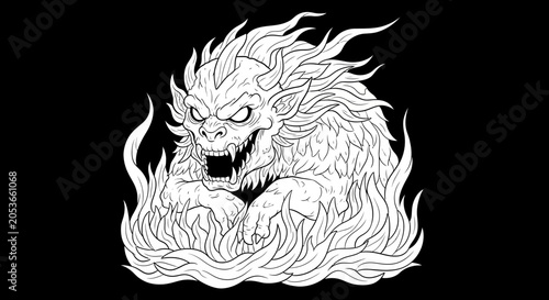 Fierce Fiery Mythical Creature Illustration with Sharp Teeth and Claws, Roaring Beast Surrounded by Flames, Powerful Fantasy Monster Art