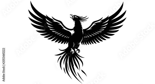 Powerful mythical phoenix bird silhouette vector illustration with spread wings, abstract flying phoenix graphic on white background.
