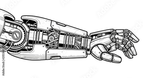 Detailed line art illustration of a robotic arm with exposed gears and internal mechanisms, representing artificial intelligence and advanced technology.