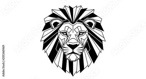 Abstract geometric lion head vector art. Modern black and white polygonal illustration representing strength, power, leadership, and wild animal spirit.