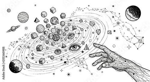 Mystical hand reaching into a swirling universe of planets, stars, geometric shapes, and all-seeing eyes, symbolizing creation and knowledge