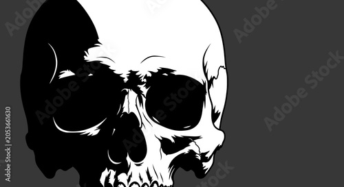 Graphic art of a human skull in high contrast black and white, stylized illustration with deep shadows on a dark grey background
