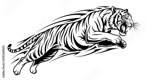 Dynamic black and white illustration of a powerful jumping tiger, stylized wild cat with motion lines, roaring or attacking pose.