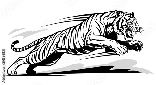 Powerful running tiger illustration in black and white with speed lines, dynamic wild animal showing strength and agility.