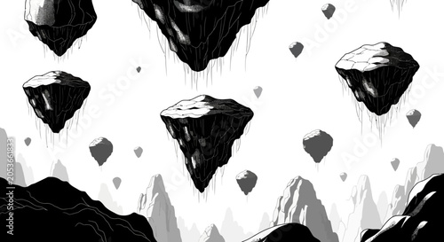 Surreal monochromatic fantasy landscape with abstract floating rock islands and mysterious mountains in a dreamlike sky.