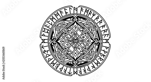 Detailed Celtic Knot and Runic Symbol Circle. Ancient Norse Viking Inspired Mystical Sacred Black and White Graphic Design.