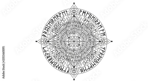 Intricate Runic Mandala Symbol Black and White. Sacred Geometric Viking Esoteric Mystic Circle Pattern with Ancient Script, Spirituality Concept.