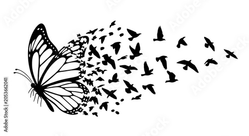 Black silhouette butterfly transformation into flying birds. Concept of freedom, change, metamorphosis, and spiritual evolution.