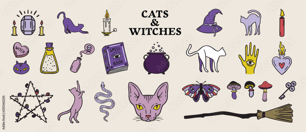 Obraz premium Cats and witches set spellbooks and cauldrons, candles and cat head, broom and rose, Halloween palette hand drawn