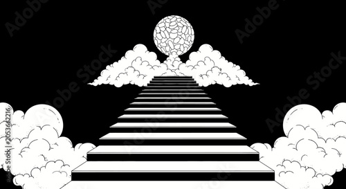 Abstract black and white illustration: conceptual stairway ascending through fluffy clouds towards a mysterious, textured celestial sphere.