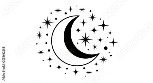 Elegant Black and White Celestial Design: Crescent Moon and Sparkling Stars Graphic Element Vector Illustration
