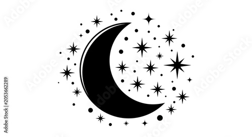 Elegant Black Crescent Moon and Sparkle Stars Celestial Vector Graphic. Mystical Night Sky Element for Astrology and Dreamy Designs.