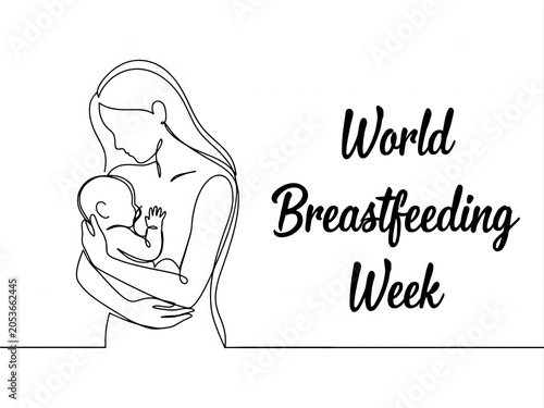 Continuous line drawing of mother holding baby and world breastfeeding week text.