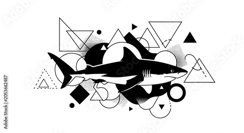Modern Geometric Shark Illustration with Abstract Triangles and Circles in Black and White Minimalist Design