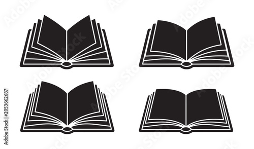 Open hardback educational reading books vector silhouette set for school library bookstore academic learning design