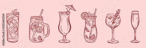 Cuadro en lienzo Hand drawn refreshing drink collection featuring fruit beverages, cocktails, smoothies, and summer refreshments