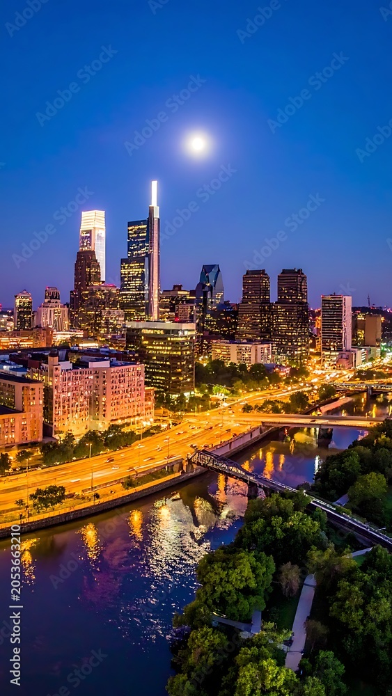 Fototapeta premium A nighttime cityscape with a river and bridge