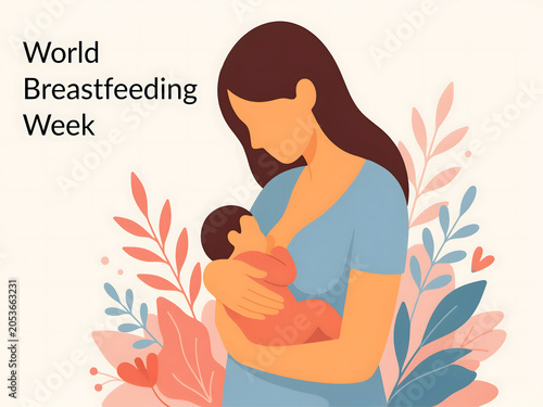 World breastfeeding week celebration mother holding baby with flowers.