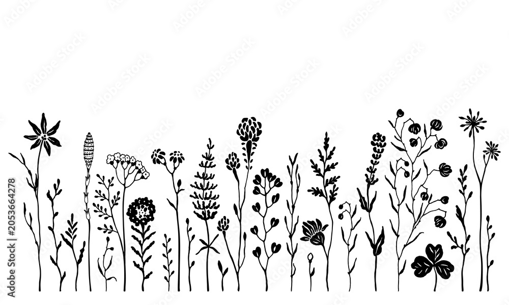Obraz premium Hand-drawn floral border with cute whimsy flowers and plants, vector doodle composition of set floral silhouette design elements for your cards, frame, poster, cover or background.