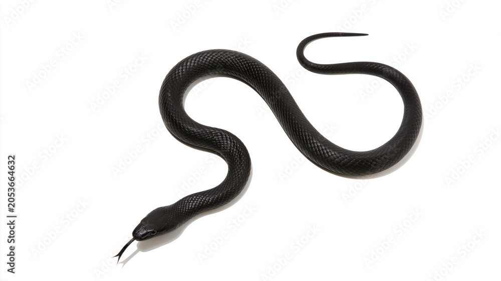 Fototapeta premium Elegant black snake with textured scales curving its long body gracefully isolated on white background
