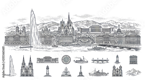 Geneva Skyline Panorama Illustration with Jet d'Eau and Mountains