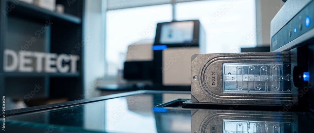 Fototapeta premium Laboratory microfluidic chip testing cartridge inserted in DNA analysis machine for scientific research, biotechnology development, and genetic screening in clean medical lab. Professional concept.